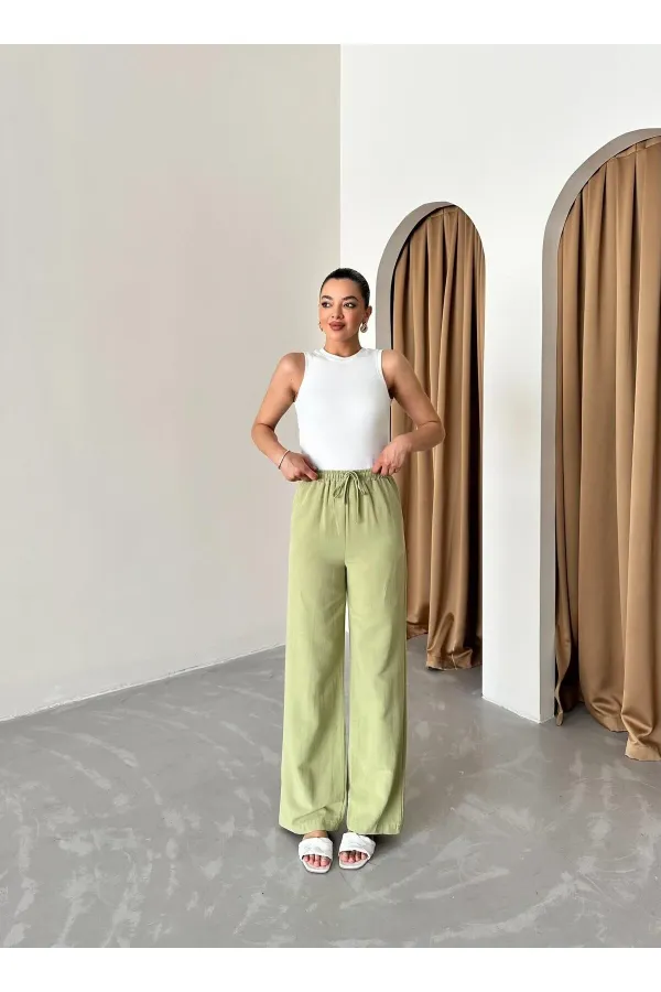 Khaki Cotton Linen Trousers with Elastic Waistband