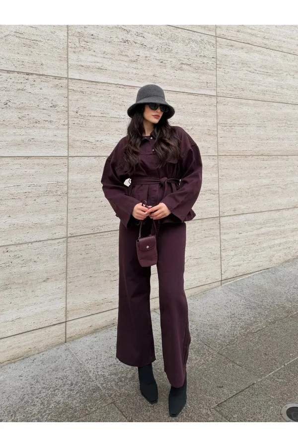 Mürdüm Bağlamalı Denim Ceket Pantolon Takım