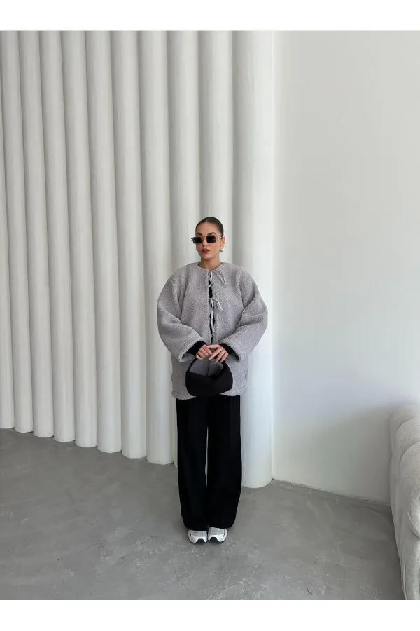Grey Front Tie Teddy Jacket