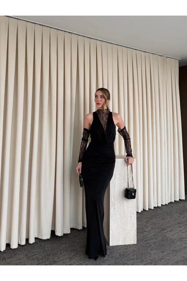 Black V-Neck Dress with Lace Gloves - 20117