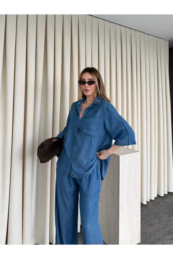 Mavi Tensel Kumaş Gömlek Pantolon Takım - 0926