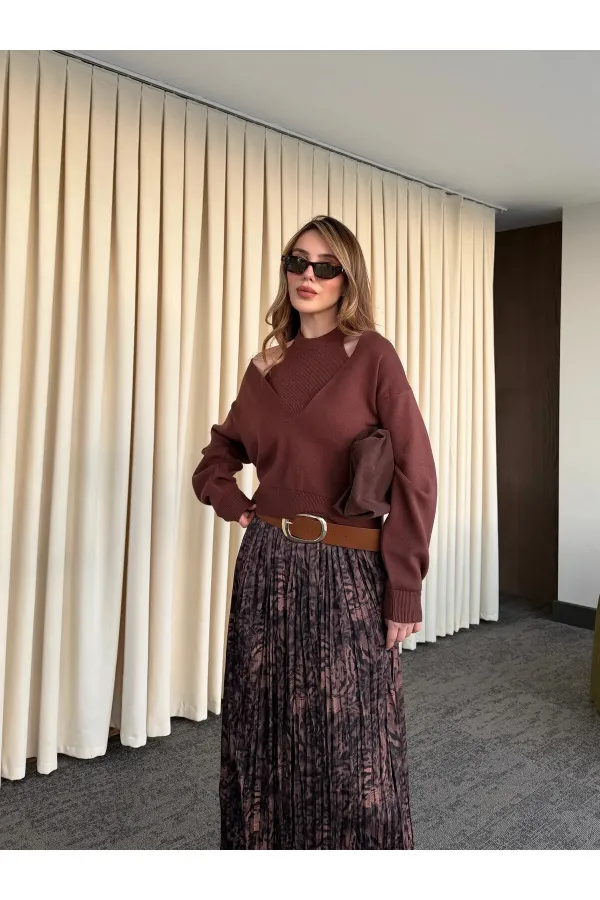 Kahverengi Piliseli Beli Lastikli Kemerli Etek - 3375