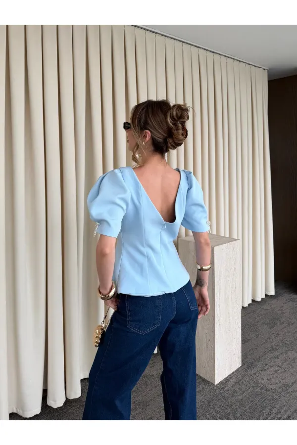 Mavi Kolu İnci Fiyonk Detaylı Bluz - 5001