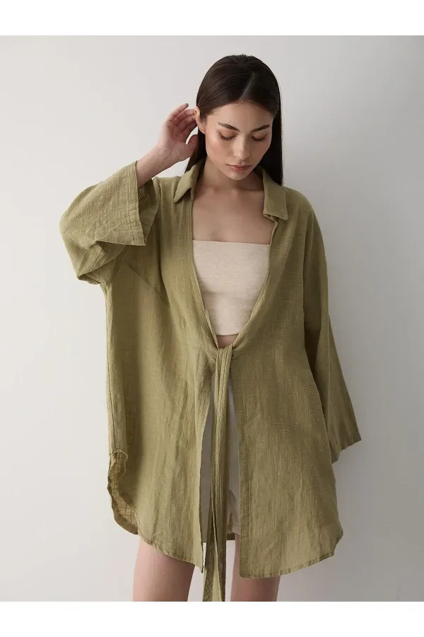 Haki Flam Keten Kimono Gömlek