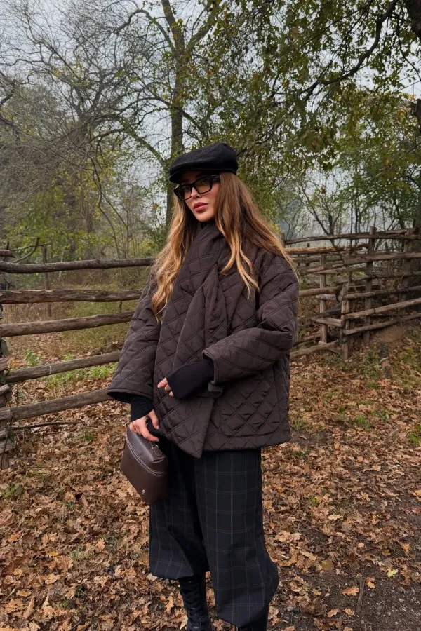 Kahverengi Kapitone Şallı Mont - 0762