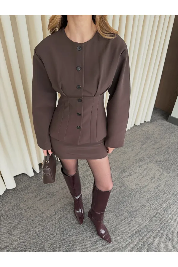 Kahverengi Düğmeli Pileli Ceket Etek Takım - 30422
