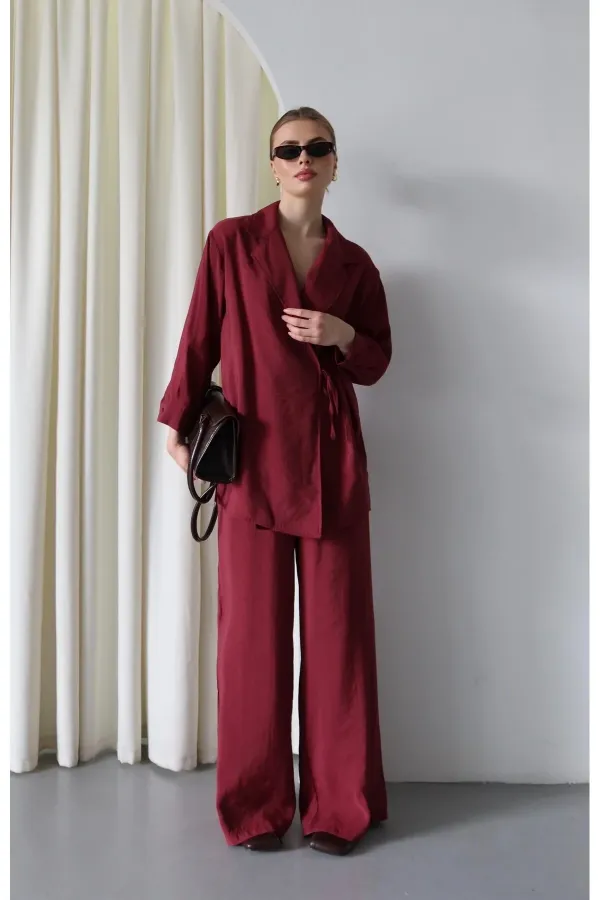 Burgundy Kimono Set with Collar Detail and Tie-Up - 8459 Burgundy Kimono Set with Collar Detail and Tie-Up - 8459