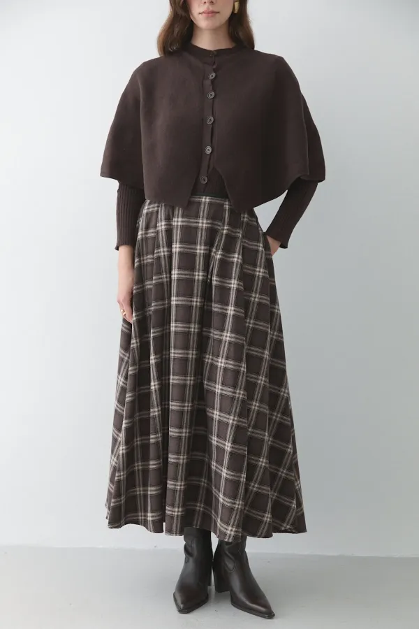 Brown Plaid Skirt with Leather Trim - 4977