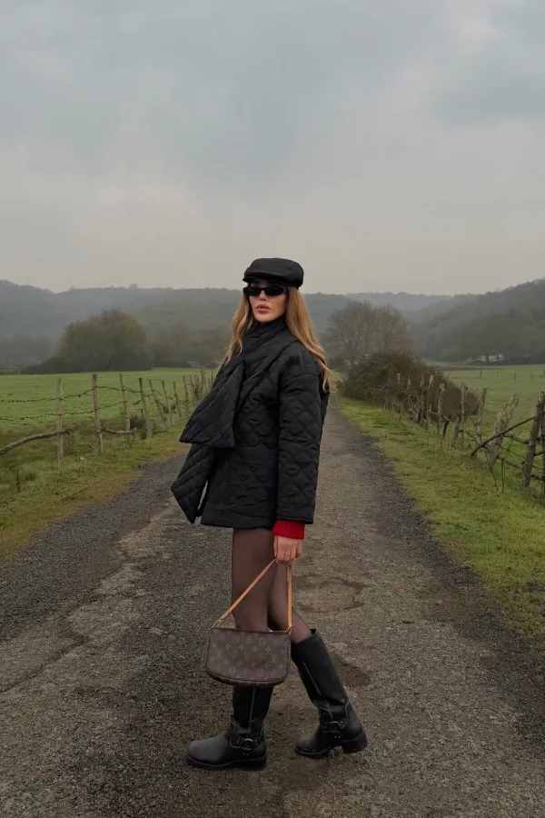 Siyah Kapitone Şallı Mont - 0762