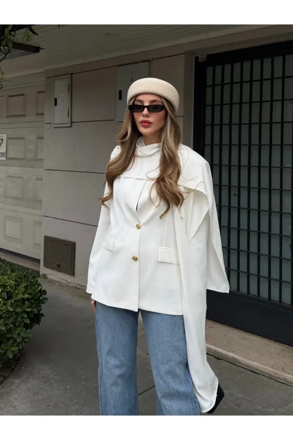 Beyaz Gold Düğmeli Şallı Ceket - 9721