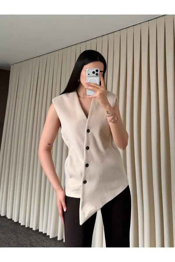 Bej Venedik Çapraz Düğmeli Yelek