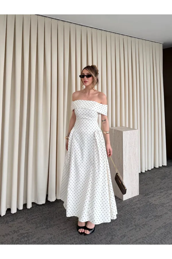 Ekru Madonna Yaka Puantiyeli Midi Elbise - 00888