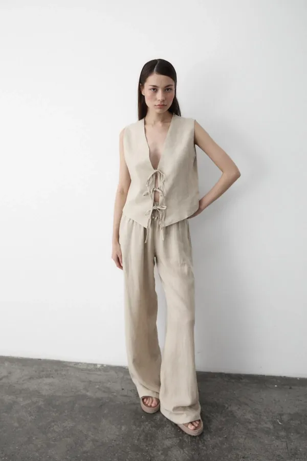 Ensemble 3 pièces en mousseline naturelle avec gilet