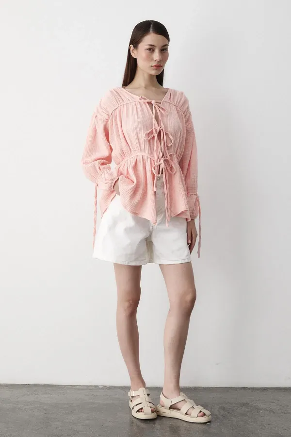 Pink 100% Cotton Muslin Shirt with Elasticated Sleeves Pink 100% Cotton Muslin Shirt with Elasticated Sleeves