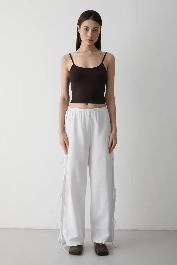 White 100% Cotton Trousers with Side Slit and Tie Detail