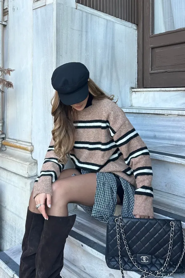 Pull en maille oversize à rayures marron - 2516