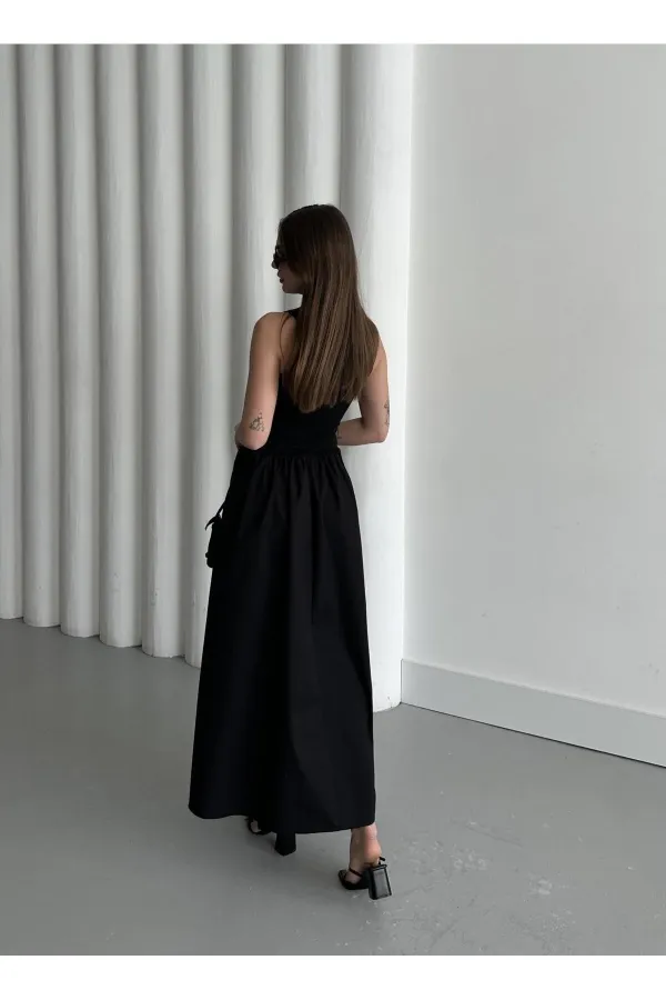 Siyah Sıfır Kol Pileli Elbise