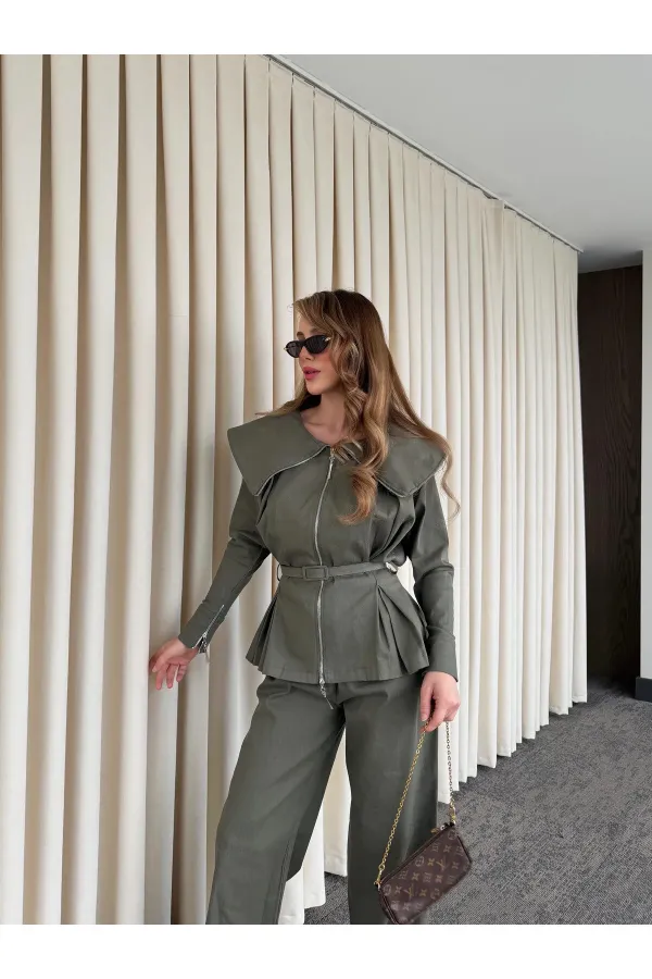 Khaki Design Denim Set - 8002