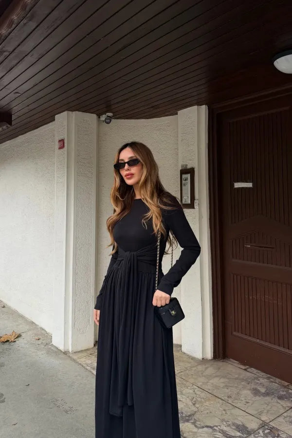 Siyah Bağlamalı Elbise - 4988