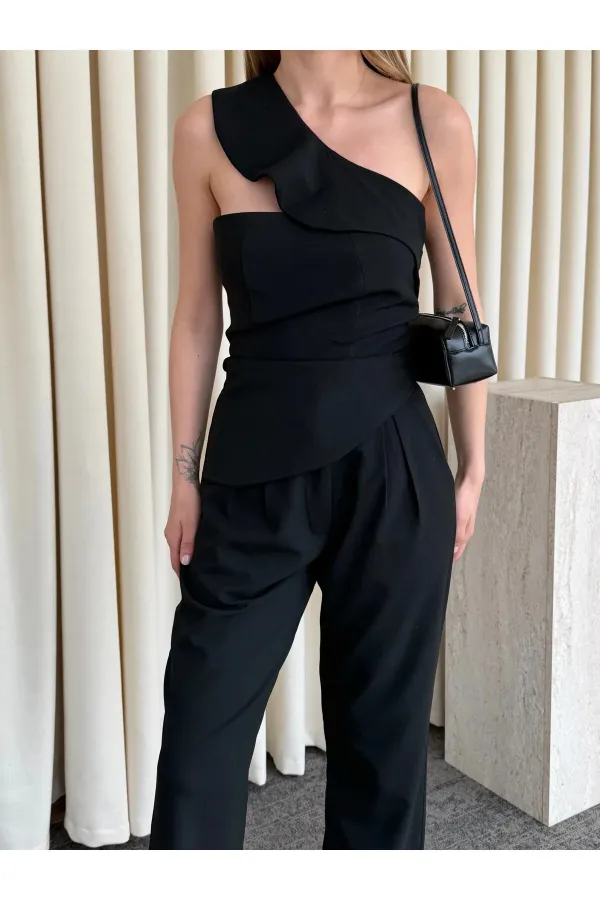 Siyah Tek Omuz Tasarım Yaka Bluz Pantolon Takım - 8003