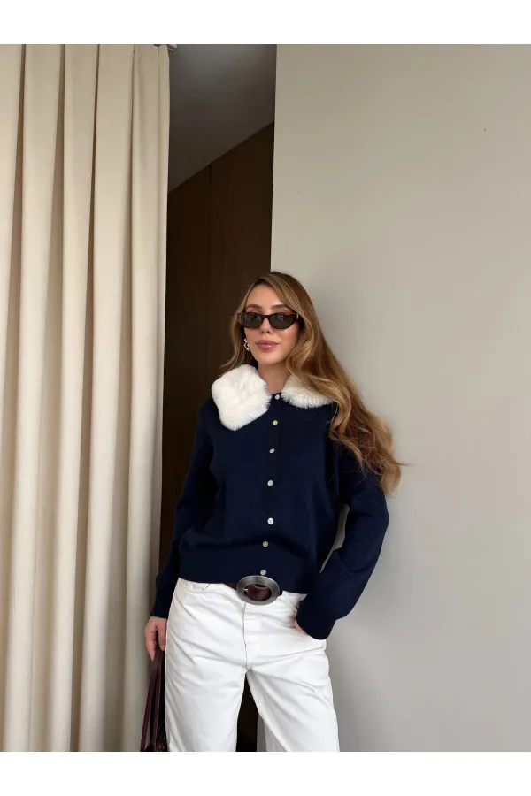 Lacivert Yakası Kürklü Hırka - 261002