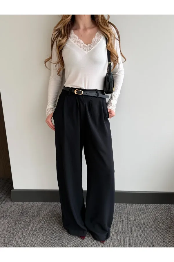 Siyah Kemerli Bol Paça Pantolon - 301