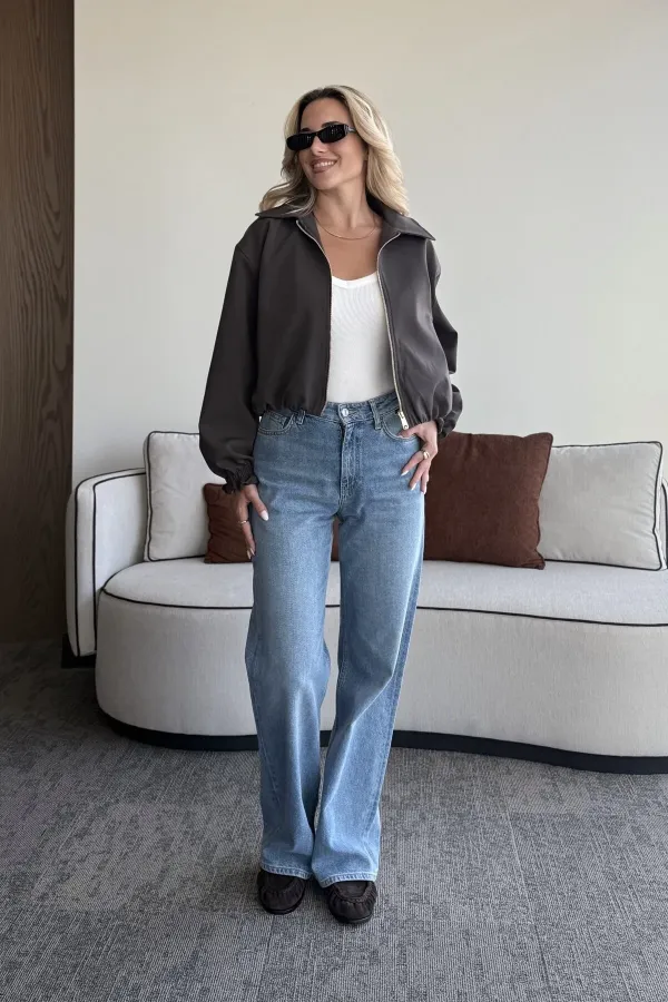 Koyu Kahverengi Crop Bomber Ceket