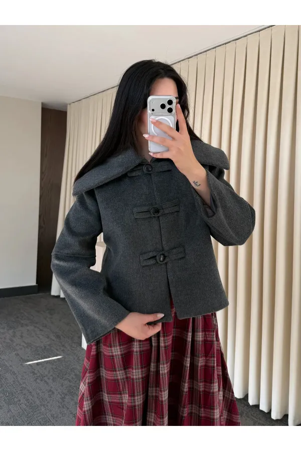 Antrasit Düğme Detaylı Kısa Kaşe Ceket - 7675