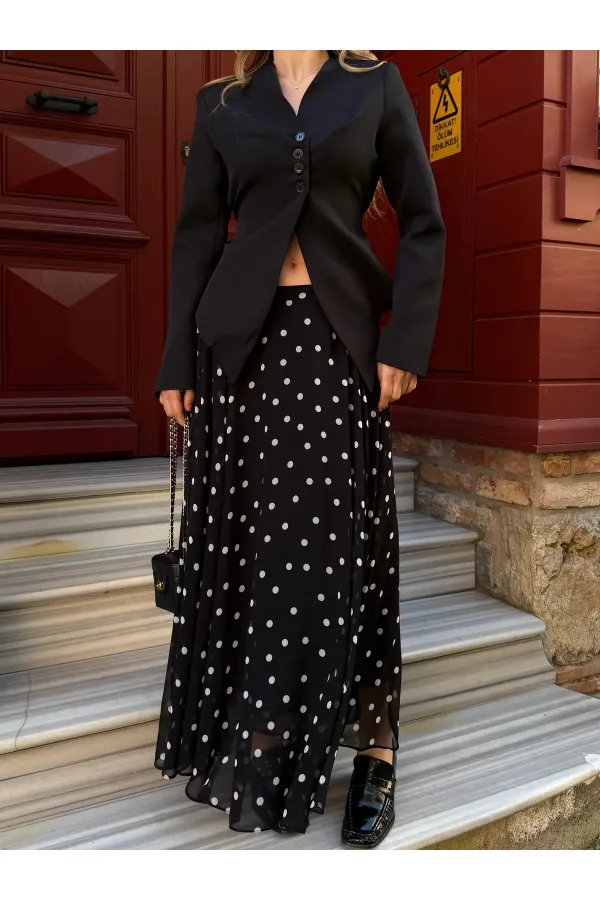 Black Chiffon Polka Dot Long Skirt - 2506