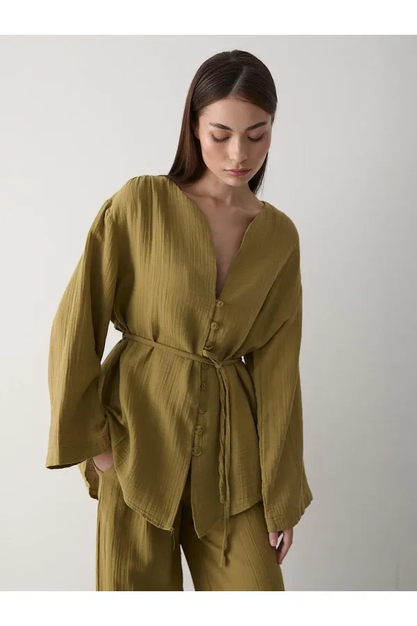 Haki Çok Düğmeli %100 Pamuk Gömlek Pantolon Takım