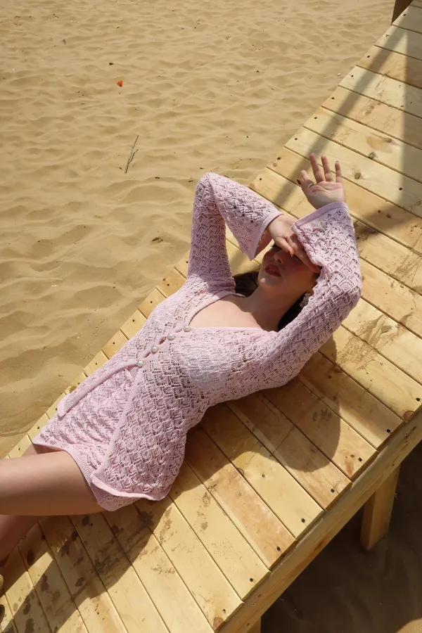 Ensemble cardigan et jupe à boutons en perles roses - 7221