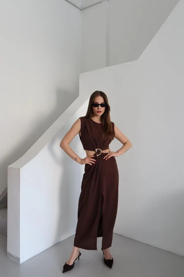 Brown Dress with Front Buckle and Side Cutout