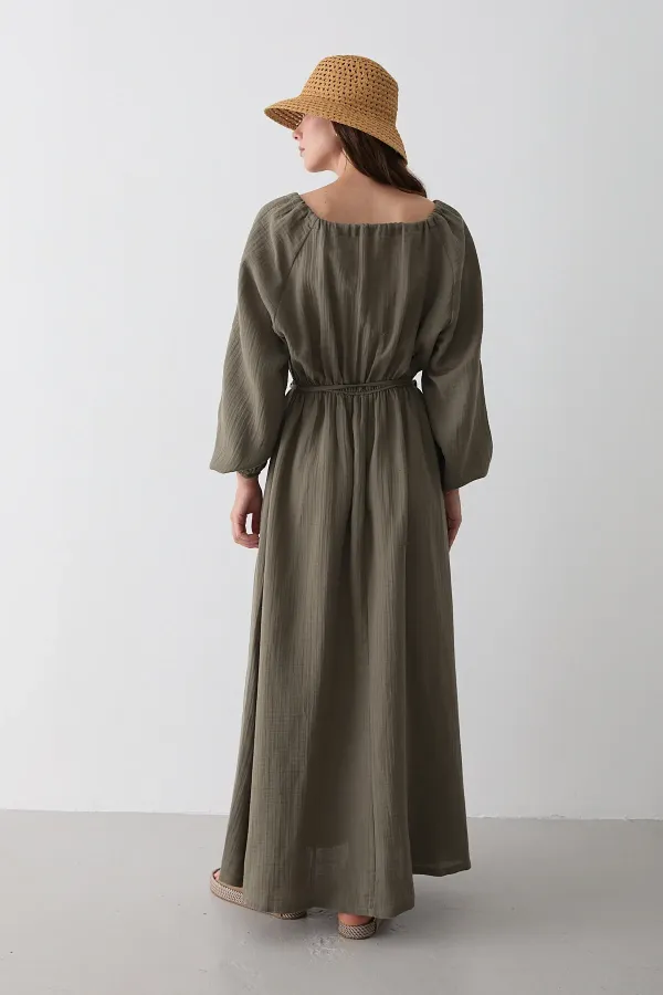 Çağla Bağlama Detaylı Müslin Elbise - 2004