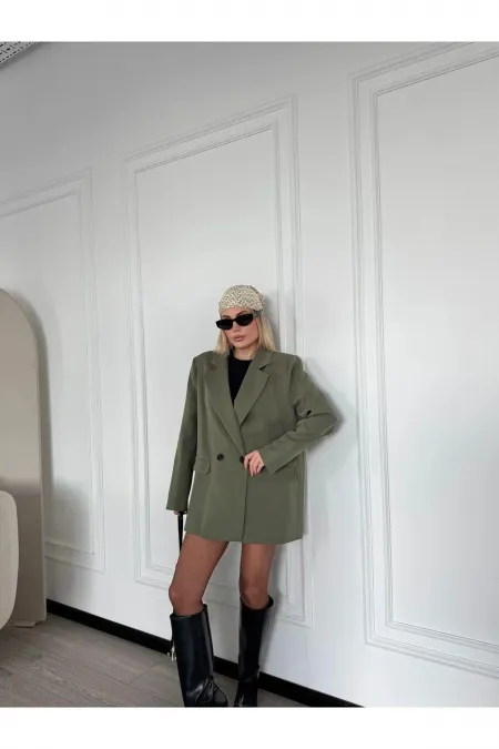 Haki Tek Düğmeli Oversize Blazer Ceket