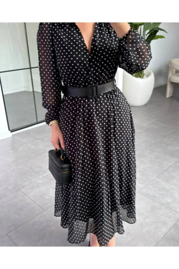 Robe longue boutonnée en mousseline imprimée à pois