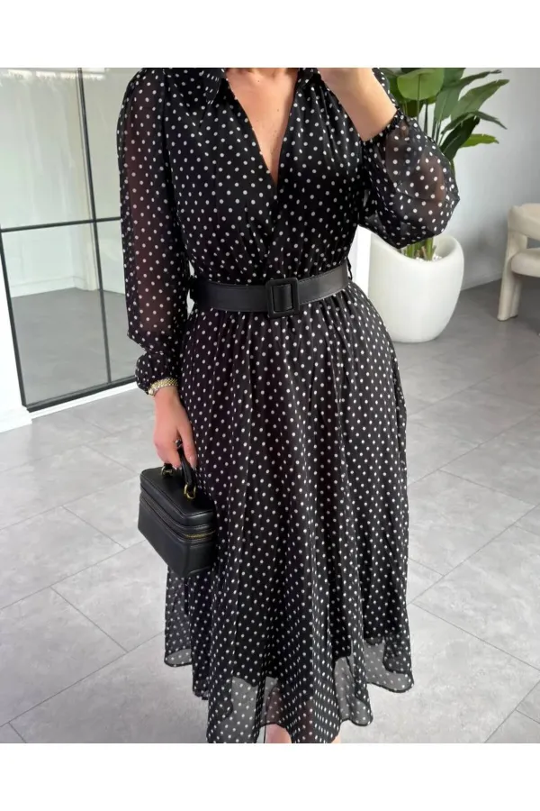 Robe longue boutonnée en mousseline imprimée à pois