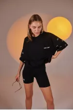 Eye Print Oversize Eye T-shirt and Bike Leggings Set Black