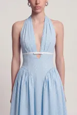 Robe Zayla à pois, dos nu et poches, bleue