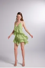 Fırfır Detaylı Bel Dekolteli Şifon Capri Elbise Yeşil