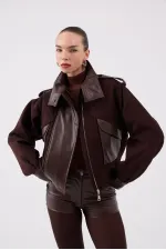 Lina Suede Jacket with Stand-Up Collar and Leather Details, Brown