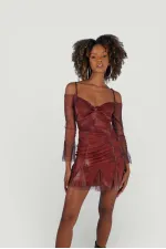 Mini Boy Askılı Tül Kol Rusty Elbise Kahve