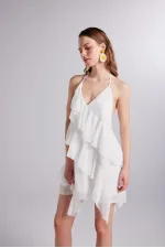 White Chiffon Capri Dress with Ruffle Detail and Waistline