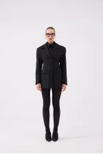 Belden Oturmalı Çizgili Fit Kesim Karen Blazer Ceket Siyah