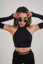 Crop Model Kol Detaylı Pretty Bluz Siyah