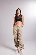 Bicolor Parachute Pantolon Bej