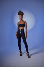 Yüksek Bel Paça Fermuarlı Likralı Split Jean Pantolon Siyah