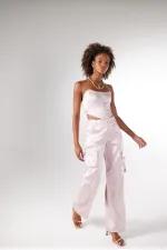 Yüksek Bel Kargo Cep Saten Maddy Pantolon Pudra