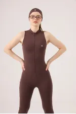 Combinaison de motarde sans manches avec fermeture éclair, marron