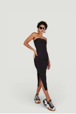 Strapless Midi Bodycorn Dress with Slit, Black