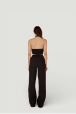 Cotton Fabric Belted Loose Fit Rise Trousers Black